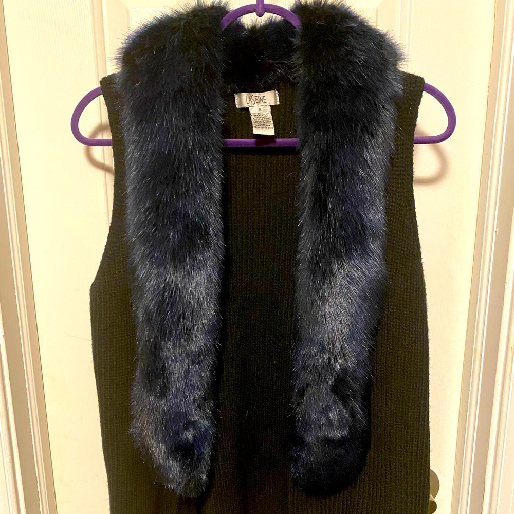 Boutique Navy Fur and Black Knit sweater vest